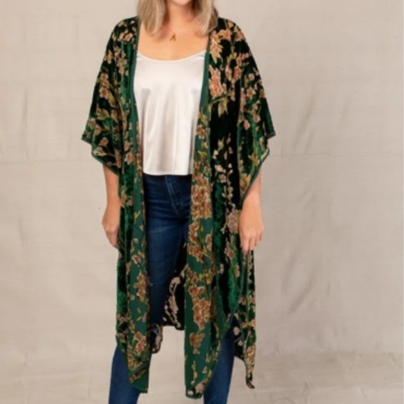 Natural Life NWT Emerald Floral Velvet Duster - Picture 1 of 7